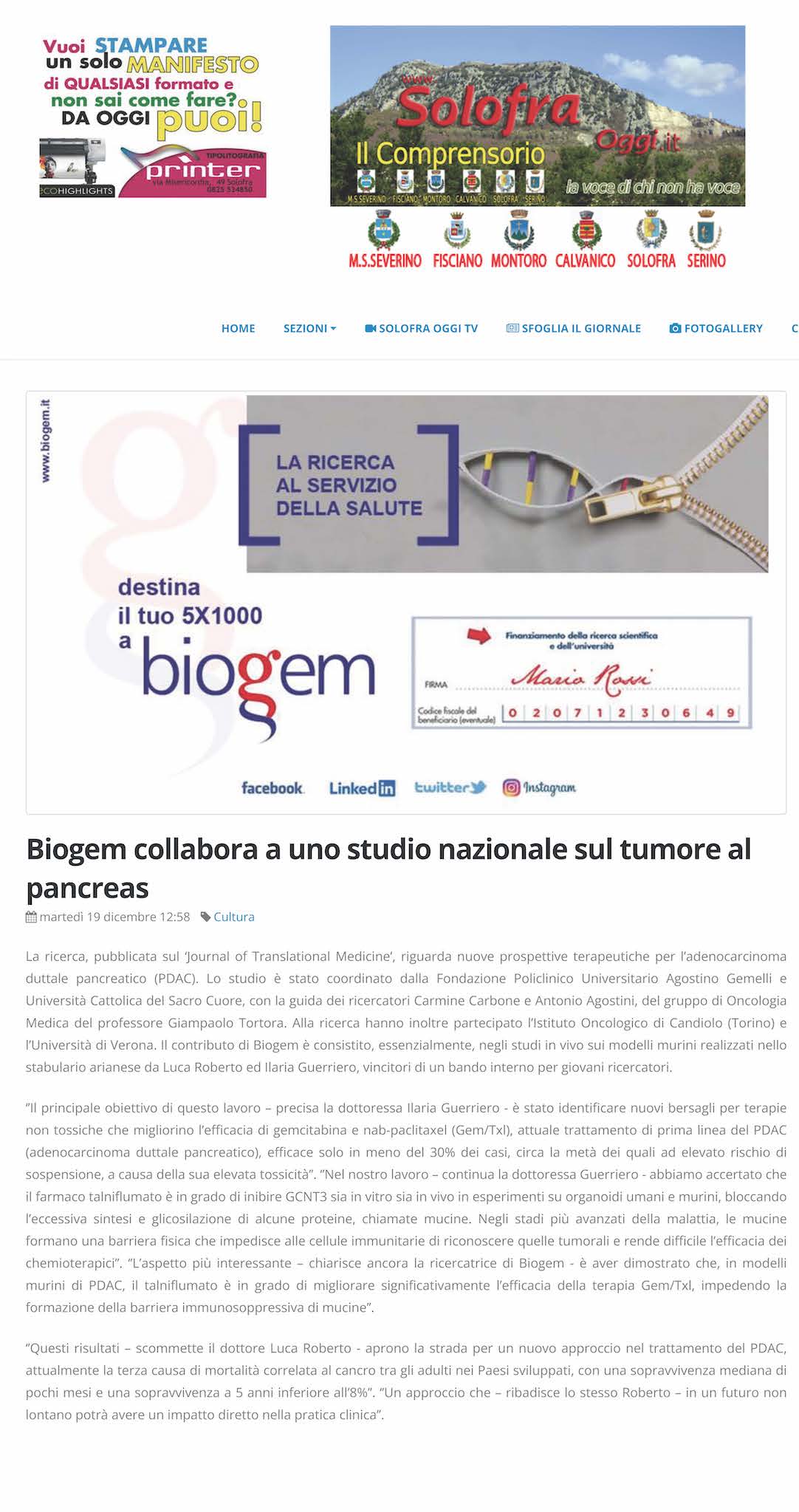 Biogem collabora a uno studio nazionale sul tumore al pancreas